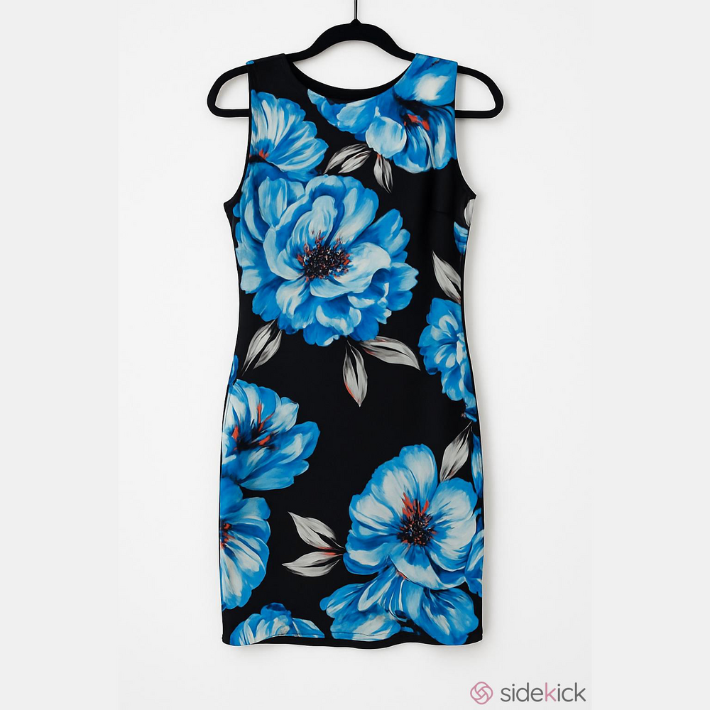 White House Black Market Black Sleeveless Midi Dress with Blue Floral Print